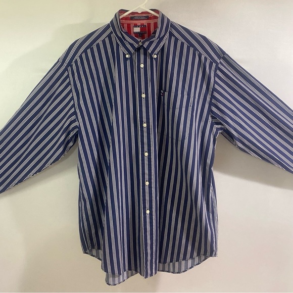 Tommy Hilfiger Men's Large Blue & White Striped Dress Shirt - Picture 4 of 12